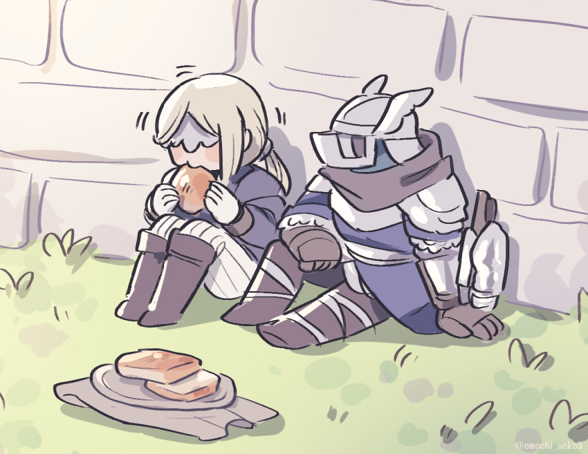 1boy 1girl alternate_costume arm_support armor blonde_hair blue_surcoat bread bread_slice brick_wall brother_and_sister brown_gloves commentary duchess_(elden_ring) eating elden_ring elden_ring_nightreign eye_mask food full_armor gloves grass helmet looking_at_another omochi_anko3 parted_bangs pita_(food) plate siblings sitting symbol-only_commentary white_gloves winged_helmet wylder_(elden_ring)