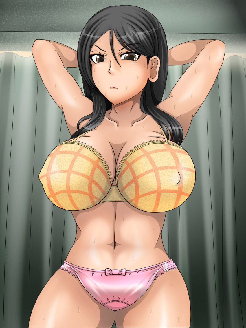 1girl a_certain_high_school_gym_uniform arms_behind_head arms_up bare_arms black_hair bow bow_panties bra bra_visible_through_clothes breasts brown_hair cleavage closed_mouth commentary_request covered_erect_nipples cowboy_shot fukiyose_seiri grid grid_print hair_between_eyes highres indoors large_breasts large_variant_set lips long_hair navel no_pants orange_bra panties pink_panties short_sleeves sidelocks solo standing stomach toaru_majutsu_no_index toaru_majutsu_no_index:_old_testament underwear underwear_only v-shaped_eyebrows variant_set wet yellow_bra yoga_(0413011)