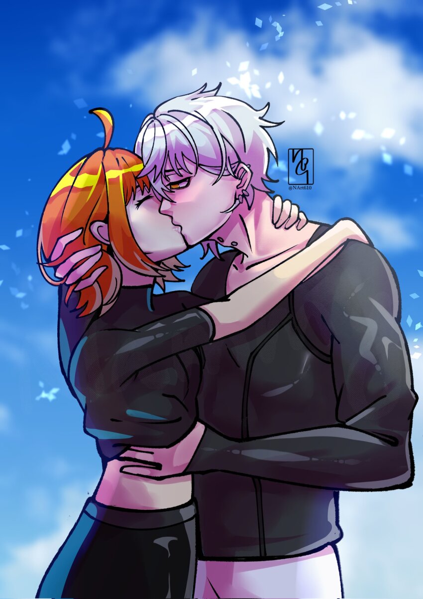 1boy 1girl black_pants black_shirt closed_eyes earrings fate/grand_order fate_(series) fujimaru_ritsuka_(female) hand_around_neck hand_on_another&#039;s_head hetero highres jewelry kadoc_zemlupus kiss nart610 orange_hair pants shirt short_hair signature twitter_username white_hair white_pants yellow_eyes