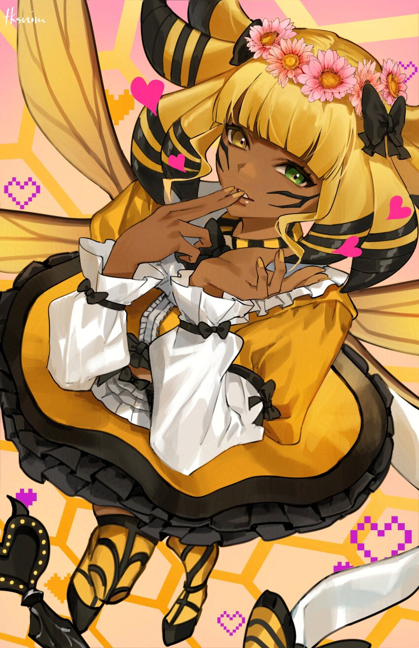 1girl absurdres black_hair blonde_hair blunt_bangs boots bow crop_top dark-skinned_female dark_skin final_fantasy final_fantasy_xiv fingers_to_mouth flower frilled_skirt frills full_body gradient_background green_eyes hair_bow hair_flower hair_ornament head_wreath heart heterochromia highres honey_b._lovely insect_wings juliet_sleeves long_sleeves looking_at_viewer medium_hair midriff_peek multicolored_sleeves nail_polish parted_lips pink_background puffy_sleeves shirt skirt solo thigh_boots tk_(tksnim) white_sleeves wings yellow_background yellow_boots yellow_eyes yellow_nails yellow_shirt yellow_skirt yellow_sleeves