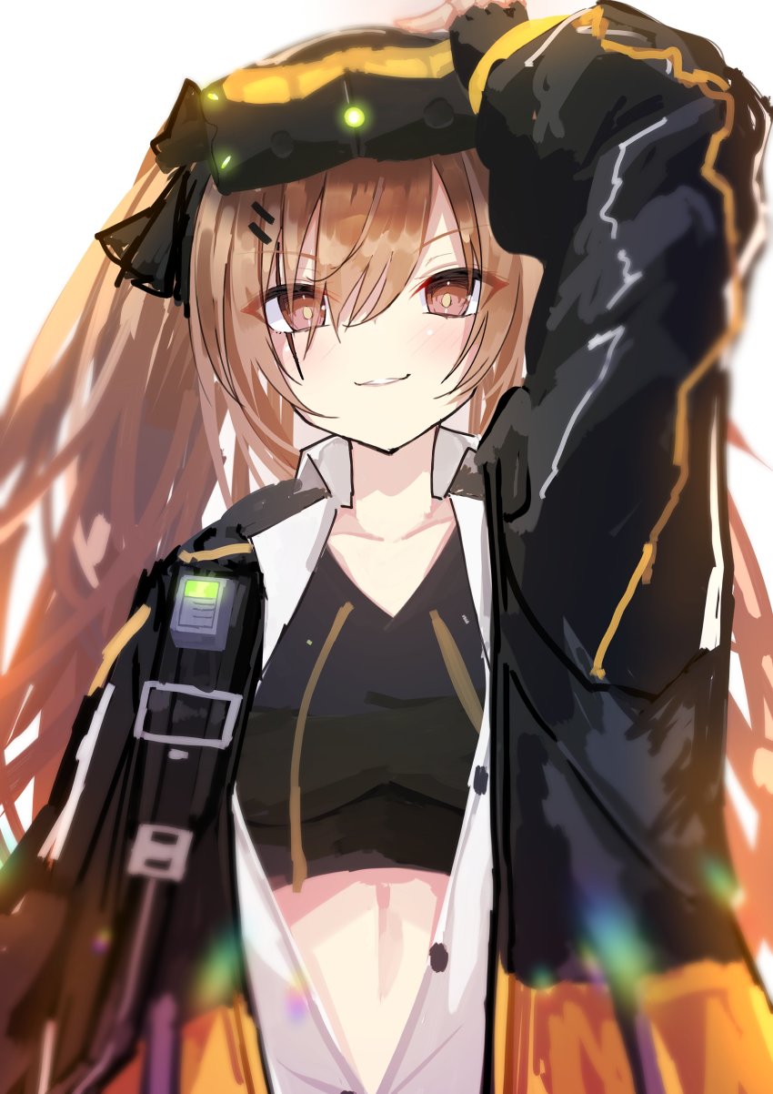 1girl absurdres adjusting_goggles arm_up brown_eyes brown_hair commentary_request fingerless_gloves girls&#039;_frontline gloves goggles goggles_on_head hair_between_eyes hair_ornament hairclip heads-up_display highres jacket kamiya_mitobe looking_at_viewer midriff_peek mod3_(girls&#039;_frontline) open_clothes open_jacket open_shirt scar scar_across_eye scar_on_face shirt smile solo sports_bra ump9_(girls&#039;_frontline) ump9_(mod3)_(girls&#039;_frontline) upper_body user_interface v-neck white_background white_shirt
