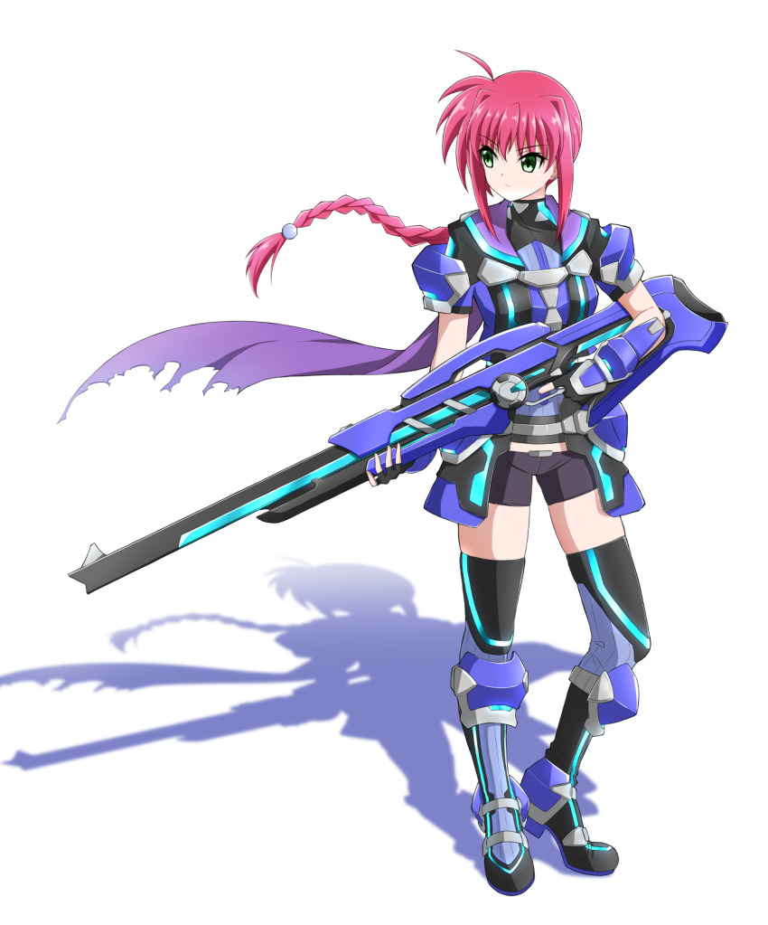 1girl ahoge amitie_florian black_shorts black_thighhighs braid braided_ponytail closed_mouth floating_hair full_body green_eyes gun hair_between_eyes hair_intakes highres holding holding_gun holding_weapon long_hair lyrical_nanoha mahou_shoujo_lyrical_nanoha mahou_shoujo_lyrical_nanoha_a&#039;s mahou_shoujo_lyrical_nanoha_a&#039;s_portable:_the_gears_of_destiny oshimaru026 ponytail red_hair short_shorts short_sleeves shorts simple_background solo standing thighhighs very_long_hair weapon white_background zettai_ryouiki