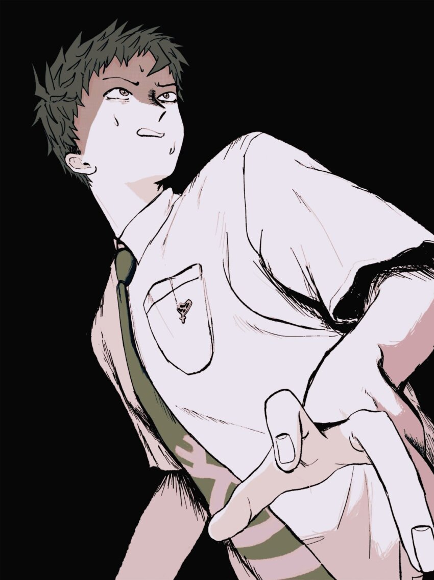 1boy black_background black_hair brown_eyes danganronpa_(series) danganronpa_2:_goodbye_despair green_necktie highres hinata_hajime looking_to_the_side male_focus necktie shaded_face shirt short_hair short_sleeves simple_background sweat uri_ka55 very_short_hair white_shirt