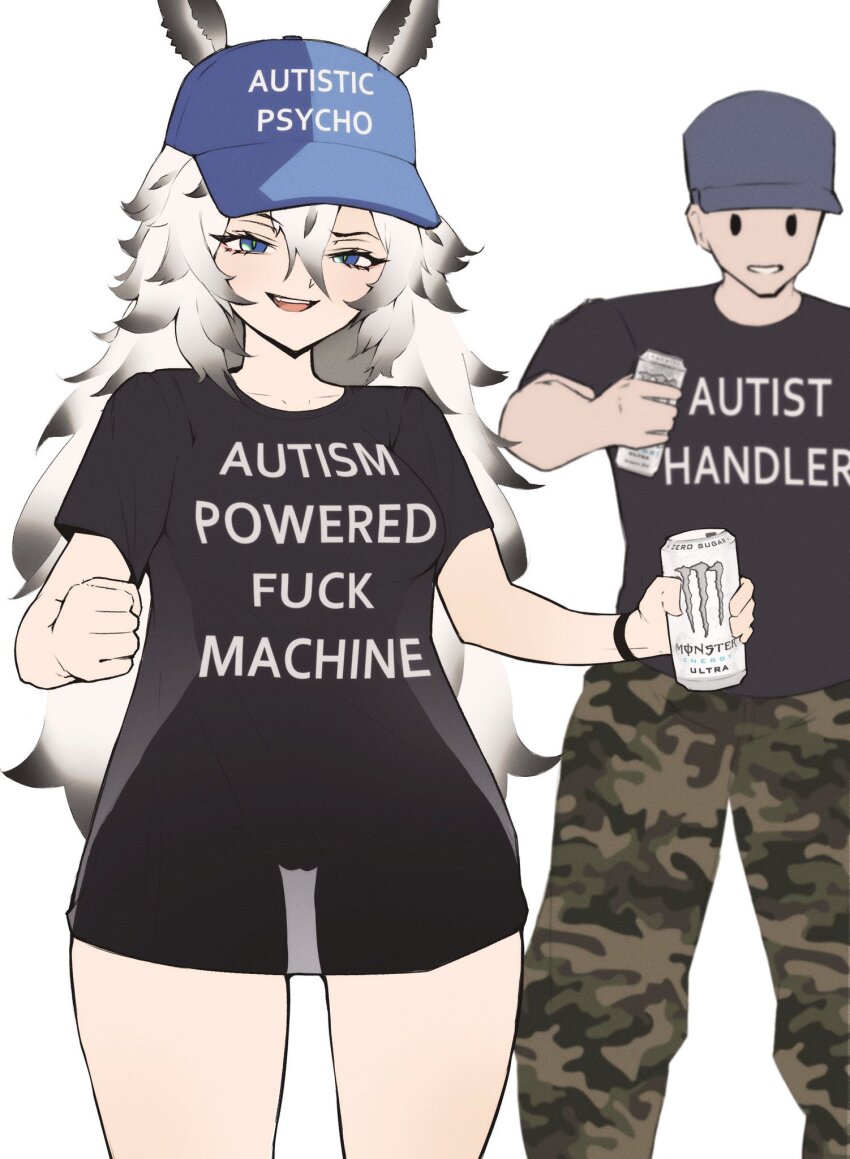 1boy 1girl animal_ears autism black_hair black_shirt blue_eyes blue_hat breasts camouflage camouflage_pants can cleft_of_venus clenched_hand clothes_writing colored_tips ears_through_headwear hair_between_eyes hat hat_writing highres holding holding_can indie_virtual_youtuber miltaire94 monster_energy multicolored_hair naked_skirt open_mouth pants profanity pussy sea_slug_girl see-through_clothes see-through_silhouette shirt skirt smile umi_runa_(vtuber) virtual_youtuber white_hair