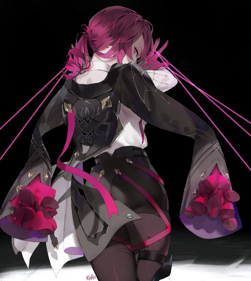 1girl absurdres artist_name black_background black_jacket black_pantyhose black_shorts cowboy_shot crossed_legs frilled_sleeves frills from_behind gloves high-waist_shorts highres honkai:_star_rail honkai_(series) jacket kafka_(honkai:_star_rail) kamui_(kurohshiro1) looking_at_viewer looking_back medium_hair pantyhose pantyhose_under_shorts ponytail purple_eyes purple_gloves purple_hair shirt shorts solo spider_web_print standing thread white_shirt