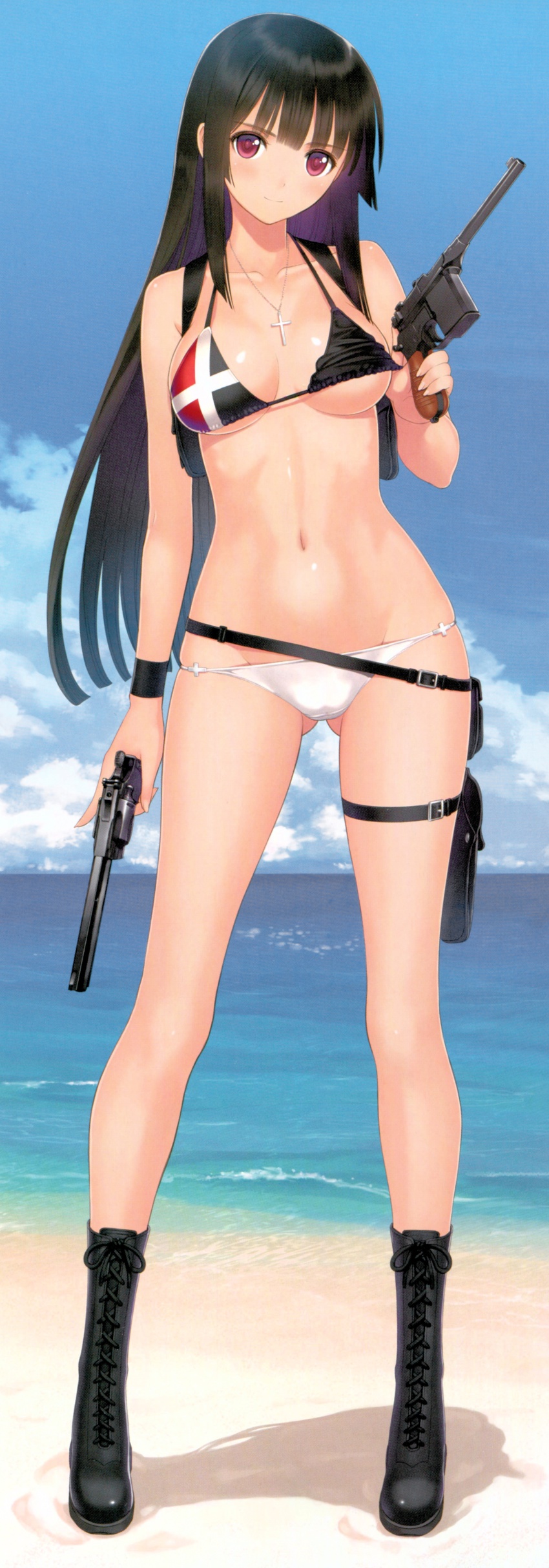 1girl absurdres ankle_boots beach belt belt_skirt bikini black_boots black_hair blush boots breasts combat_boots cross cross_necklace day dual_wielding female_focus full_body gluteal_fold gun handgun highres holding holster jewelry kilmaria_aideen lace-up_boots long_hair looking_at_viewer mauser_c96 navel necklace outdoors panties pendant pistol red_eyes revolver scan shiny_skin shoulder_holster sister_blood skindentation smile solo standing swimsuit thigh_holster tony_taka trigger_discipline underboob underwear weapon white_panties wristband