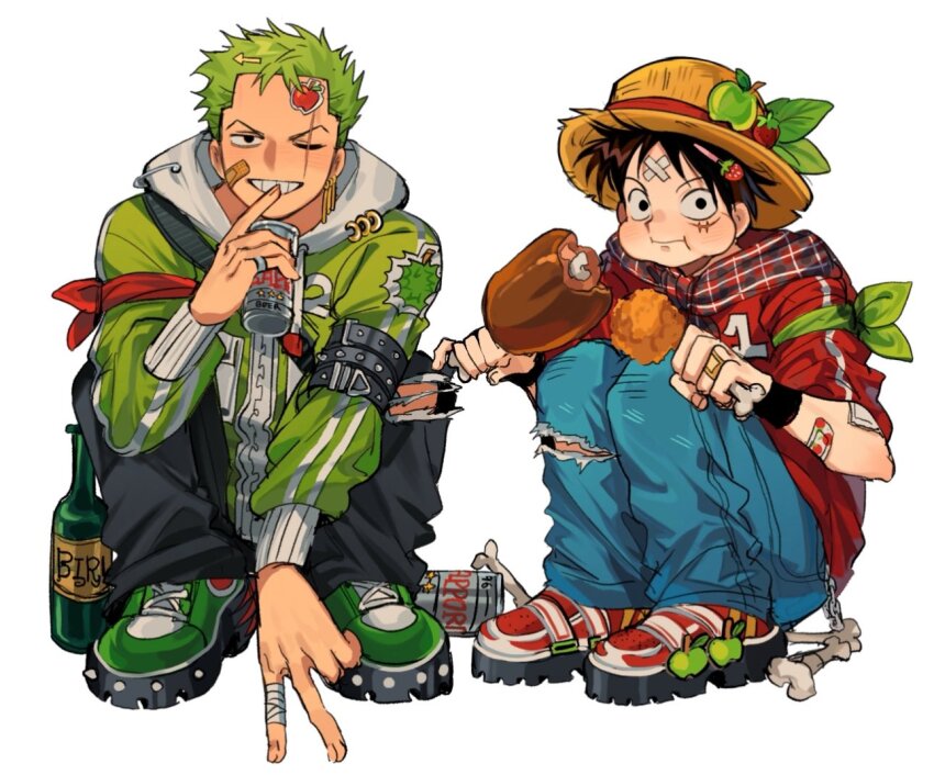 2boys alternate_costume apple bandaid bandaid_on_cheek bandaid_on_face bandaid_on_forehead black_hair black_pants blue_pants boned_meat bottle can checkered_clothes checkered_scarf closed_mouth denim earrings eating facial_scar food fruit full_body green_apple green_hair green_jacket grin hat holding holding_can holding_food hood hood_down jacket jeans jewelry ki2ri5 knees_up looking_at_viewer male_focus meat monkey_d._luffy multiple_boys one_eye_closed one_piece pants red_shirt roronoa_zoro scar scar_across_eye scar_on_cheek scar_on_face scarf shirt short_hair sitting smile squatting straw_hat torn_clothes torn_pants white_background