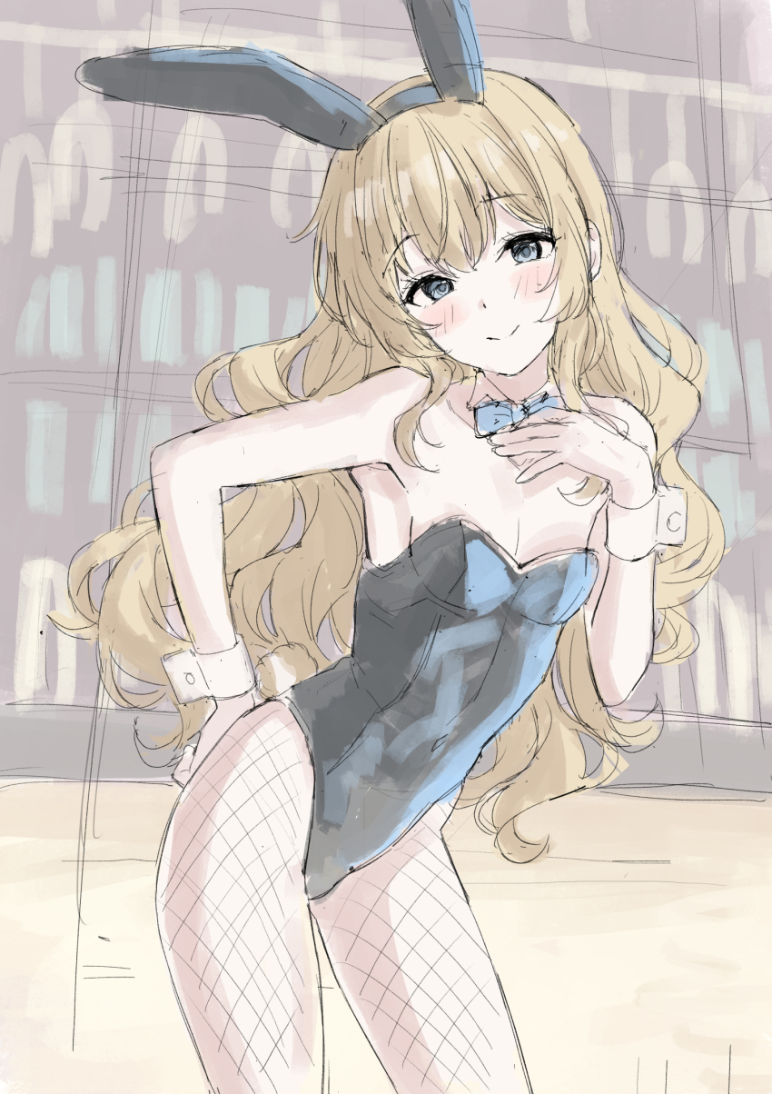 1girl animal_ear_hairband animal_ears ata_(tsumari) blonde_hair blue_bow blue_bowtie blue_eyes blue_hairband blue_leotard blush bow bowtie breasts cleavage commentary_request cowboy_shot detached_collar fake_animal_ears fishnet_pantyhose fishnets hairband hand_on_own_chest hand_on_own_hip highres leotard long_hair looking_at_viewer original pantyhose playboy_bunny rabbit_ear_hairband rabbit_ears rabbit_tail sketch small_breasts smile solo tail wavy_hair wrist_cuffs