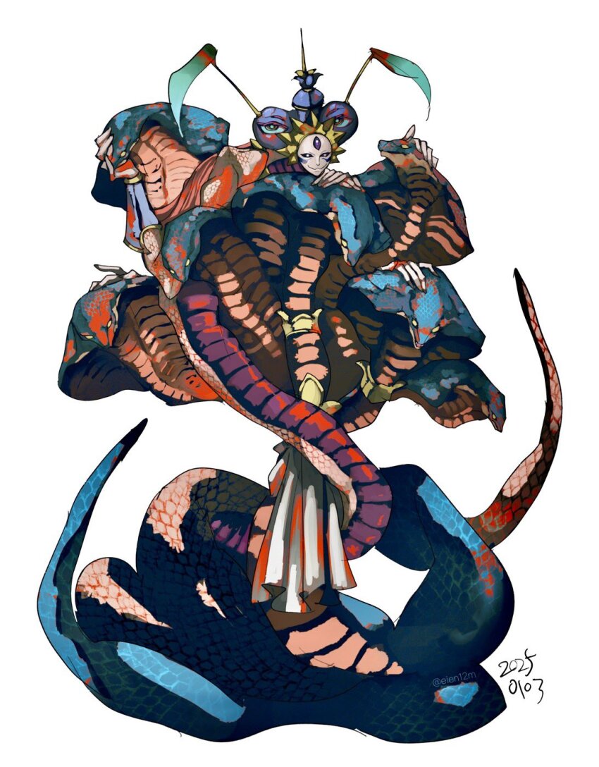 1boy ananta_(megami_tensei) black_sclera blood cobra_(animal) colored_sclera eien12m highres male_focus multiple_heads shin_megami_tensei solid_eyes tail third_eye vasuki_(megami_tensei) white_eyes yellow_eyes