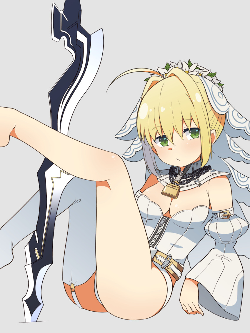 1girl blonde_hair breasts bridal_veil cleavage commentary_request detached_collar detached_sleeves fate/grand_order fate_(series) flower_wreath garter_straps green_eyes hair_intakes head_wreath highres leotard lock medium_breasts nero_claudius_(bride)_(fate) nero_claudius_(bride)_(second_ascension)_(fate) nero_claudius_(fate) padlock padlocked_collar panties single_thighhigh sitting solo strapless strapless_leotard thighhighs tsukigi underwear veil white_leotard white_panties white_sleeves white_thighhighs
