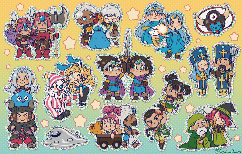 6+boys 6+girls absurdres animal_ears armor aurora_(cynicalruins) axe beard bikini_armor chibi clown dark-skinned_female dark_skin dragon_quest dragon_quest_iii dual_persona facial_hair fake_animal_ears fake_horns martial_artist_(dq3) habit halberd hat helmet hero_(dq3) heroine_(dq3) highres holding holding_mace holding_polearm holding_sword holding_weapon horned_headwear horns gadabout_(dq3) leotard liquid_metal_slime_(dq) mace mage_(dq3) merchant_(dq3) monster_wrangler_(dq3) multiple_boys multiple_girls playboy_bunny polearm priest_(dq3) robe sack sage_(dq3) slime_(dragon_quest) warrior_(dq3) sword thief_(dq3) twintails wagon weapon winged_footwear witch_hat zoma