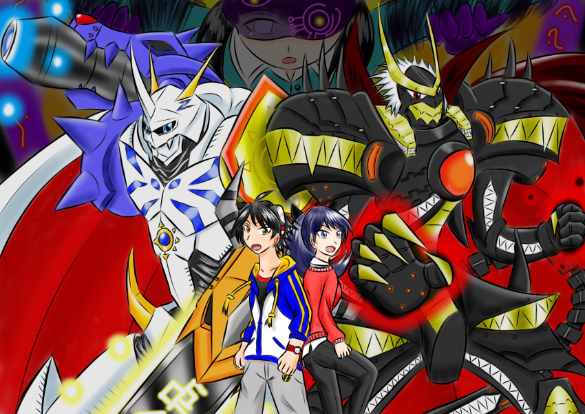 blue_eyes cape digimon digimon_(creature) fusion highres horns kenzoku kenzoku_(miyuki) minase_miyuki momotsuka_takuma omegamon open_mouth plutomon red_eyes shibuya_aoi sword weapon