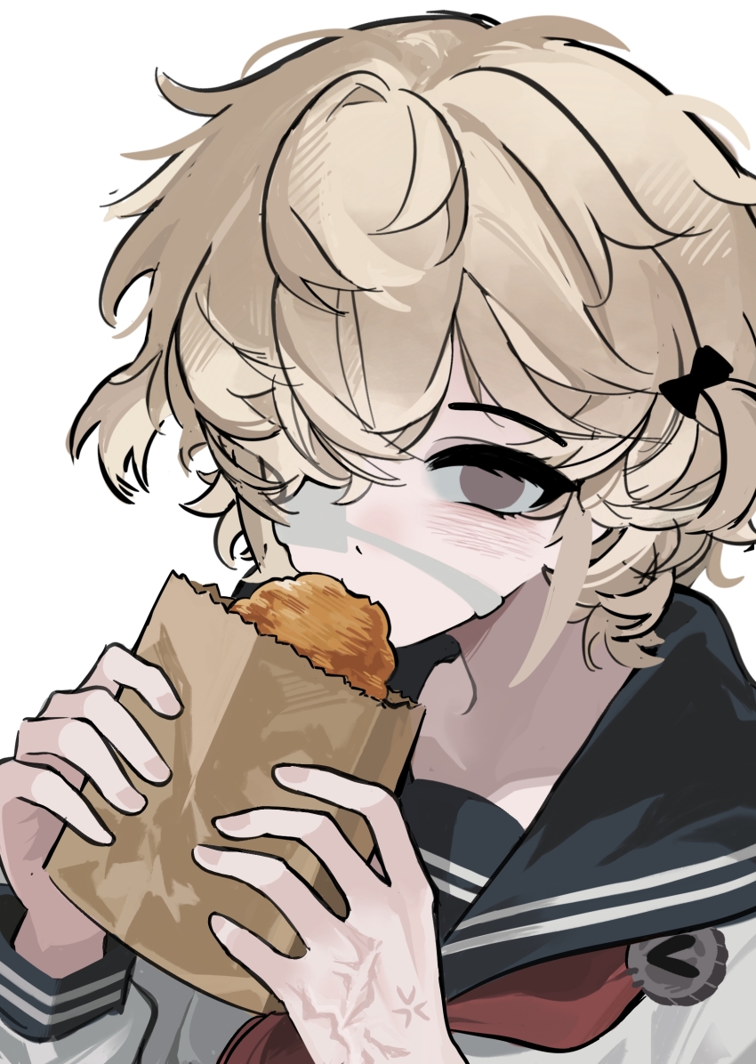 1girl absurdres amo0876310 black_bow blonde_hair blush bow brown_eyes burn_scar buttons chocolate_cornet eating eyepatch fang florian_brand food genderswap genderswap_(mtf) hair_bow hair_over_one_eye highres holding holding_food identity_v long_sleeves looking_at_viewer medical_eyepatch messy_hair neckerchief one_eye_covered red_neckerchief sailor_collar scar school_uniform serafuku shirt short_hair short_side_ponytail simple_background solo upper_body white_background white_shirt