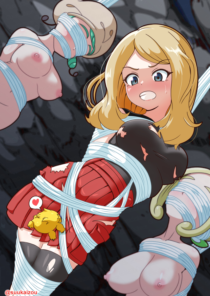 1other 3girls absurdres bdsm black_shirt black_thighhighs blindfold blonde_hair bondage bound breasts captured completely_nude gagged game_freak gen_5_pokemon green_hair hat heart high-waist_skirt highres joltik katy_(pokemon) large_breasts multiple_girls nintendo nipples nude outdoors oyu_(suukaizou) pleated_skirt pokemon pokemon_sv pokemon_xy red_skirt serena_(pokemon) shirt skirt sleeveless sleeveless_shirt thighhighs torn_clothes torn_shirt torn_skirt viola_(pokemon) zettai_ryouiki