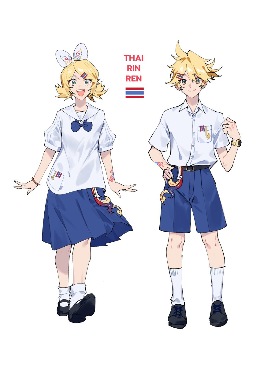 1boy 1girl absurdres aqua_eyes black_footwear blonde_hair blue_shorts blue_skirt bow brother_and_sister closed_mouth hair_bow hair_ornament hairclip highres kagamine_len kagamine_rin long_hair looking_at_viewer lynnear open_mouth school_uniform shirt shoes short_hair shorts siblings skirt smile socks thai_flag thai_school_uniform thailand twins vocaloid white_background white_bow white_shirt white_socks