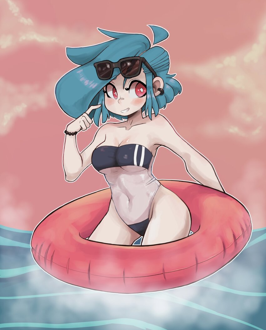 1girl ahoge aqua_hair black-framed_eyewear black_one-piece_swimsuit bracelet breasts denver_(troolou) detached_ahoge earrings eyewear_on_head gris_swimsuit highres jewelry large_breasts meme_attire multicolored_swimsuit navel one-piece_swimsuit original outdoors red_eyes red_innertube see-through_clothes see-through_one-piece_swimsuit solo strapless strapless_one-piece_swimsuit sunglasses swimsuit troolou wading water