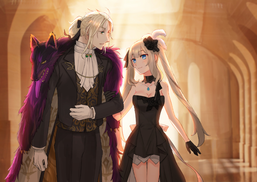 1boy 1girl black_dress black_gloves black_pants blue_eyes breasts choker cleavage cowboy_shot dress eye_contact fate/grand_order fate_(series) gloves green_eyes hair_ornament indoors jewelry long_hair looking_at_another marie_antoinette_(fate) marie_antoinette_(formal_dress)_(fate) medium_breasts neckerchief necklace official_alternate_costume pants silver_hair smile standing strapless strapless_dress takeshi_kai twintails very_long_hair white_gloves white_neckerchief wolfgang_amadeus_mozart_(fate) wolfgang_amadeus_mozart_(formal_dress)_(fate)