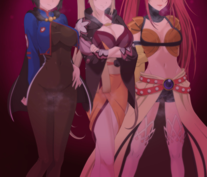 3girls black_hair blonde_hair breasts chloe_valens cleavage large_breasts long_hair mamold_duck multiple_girls nanaly_fletch red_hair short_hair tales_of_(series) tales_of_crestoria tales_of_destiny tales_of_destiny_2 tales_of_legendia twintails yuna_azetta