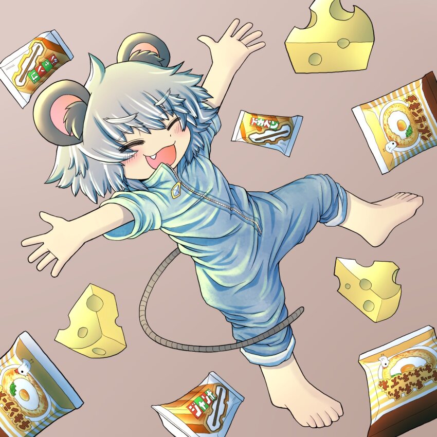 1girl alternate_costume animal_ears barefoot blush brown_background cheese choco_monaka_jumbo closed_eyes commentary_request cookie_(touhou) drddrddo fang flat_chest food full_body grey_hair grey_jumpsuit highres instant_ramen jumping jumpsuit mouse_ears mouse_girl mouse_tail nazrin nyon_(cookie) open_mouth pack_noodles short_hair short_sleeves simple_background smile solo tail the_chicken_that_appears_in_the_middle_of_cookie touhou zipper