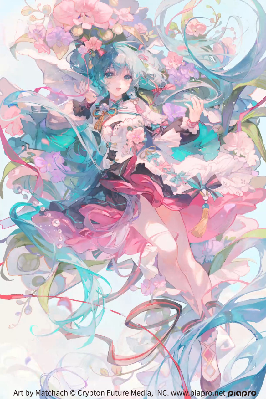 1girl absurdly_long_hair artist_name bad_source black_dress black_ribbon black_shoes bow cherry_blossoms chinese_clothes copyright_name dress floral_print floral_print_dress flower full_body green_bow green_eyes green_hair green_nails hair_flower hair_ornament hatsune_miku highres horizontal-striped_bow layered_dress long_hair long_sleeves looking_at_viewer lying maccha_(mochancc) mandarin_collar official_art on_back open_mouth pankou petals pink_dress pink_flower print_dress purple_flower ribbon shoes shrug_(clothing) sidelocks smile socks solo string string_of_fate too_many_flowers twintails very_long_hair vocaloid watermark white_dress white_shrug white_socks