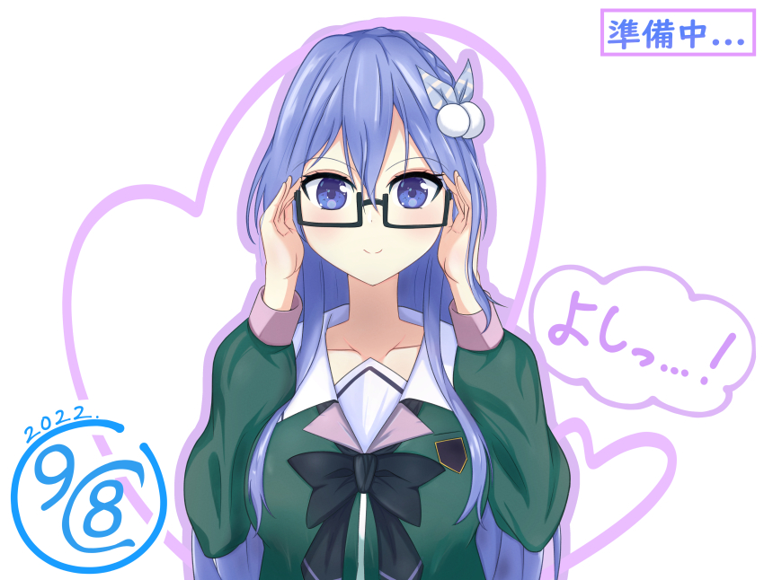 1girl 22/7 absurdres black-framed_eyewear black_bow black_bowtie blue_eyes blue_hair bow bowtie braid dated green_shirt hair_between_eyes hair_ornament hands_up highres long_hair long_neck long_sleeves looking_at_viewer maruyama_akane rokubanchou_school_uniform school_uniform serafuku shirt smile solo takumitu_711 upper_body white_background winter_clothes
