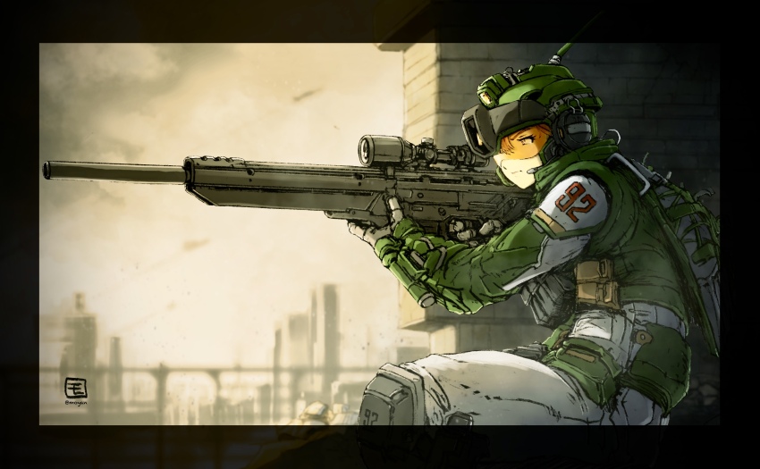 1girl absurdres aiming ammunition_pouch artist_logo beam_rifle black_border body_armor border closed_mouth commentary_request cosplay energy_gun finger_on_trigger from_side gloves gm_sniper gm_sniper_(cosplay) grey_gloves gun gundam gundam_msv hair_between_eyes headphones headset helmet highres holding holding_gun holding_weapon jacket knee_pads logo microphone moyan number_print outdoors pants pouch procreate_(medium) radio_antenna rifle sniper_rifle solo twitter_username weapon white_pants
