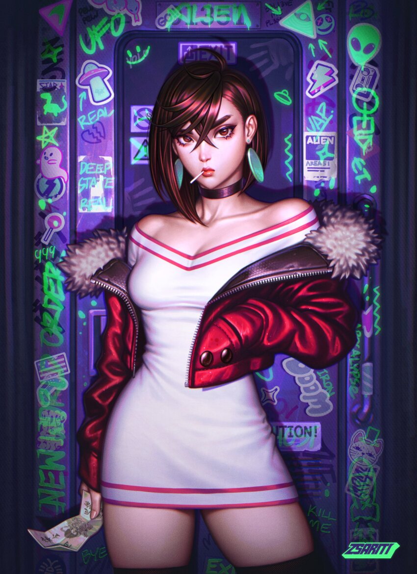 1girl alien artist_name ayase_momo bare_shoulders black_choker black_thighhighs breasts broken_heart brown_eyes brown_hair candy caution choker closed_mouth collarbone commentary cowboy_shot cropped_jacket crossed_bangs dandadan dress earrings eyelashes floating_earrings food food_in_mouth fur-trimmed_jacket fur_trim ghost glowing hair_behind_ear hair_between_eyes hand_in_pocket heart highres holding holding_paper jacket jewelry lips lollipop long_sleeves looking_at_viewer medium_breasts off-shoulder_dress off_shoulder official_alternate_costume ofuda open_clothes open_jacket paper red_jacket red_lips short_dress short_hair sleeves_past_wrists solo sparkle star_(symbol) sticker talisman thick_eyebrows thighhighs tight_clothes tight_dress tractor_beam turbo_granny_(dandadan) ufo v-neck white_dress zettai_ryouiki zsariti