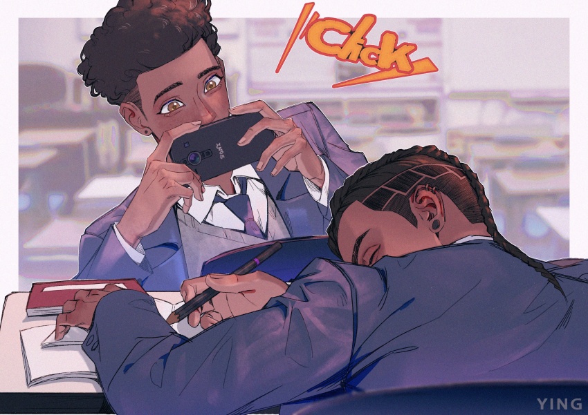 2boys absurdres artist_name black_hair blurry blurry_background book brown_eyes cellphone chinese_commentary commentary_request covered_mouth dark-skinned_male dark_skin depth_of_field desk earrings eeryingentry forehead highres holding holding_pencil holding_phone jewelry light_blush looking_at_another male_focus marvel miles_g._morales miles_morales multiple_boys open_book pencil phone school_desk school_uniform selfcest short_hair sleeping smartphone spider-man:_across_the_spider-verse spider-man_(series) spider-verse stud_earrings taking_picture thick_eyebrows very_short_hair yaoi