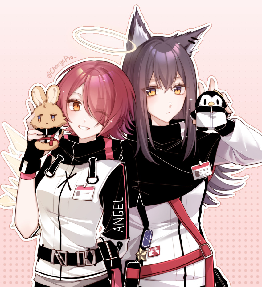 2girls ;d animal_ear_fluff animal_ears arknights arm_behind_back belt belt_buckle black_belt black_capelet black_gloves black_sleeves buckle capelet closed_mouth clothes_writing detached_wings expressionless exusiai_(arknights) eyes_visible_through_hair fingerless_gloves glint gloves grin hair_over_one_eye halo highres holding jacket long_sleeves looking_at_viewer medium_hair multiple_girls one_eye_closed open_mouth outline pink_background pink_hair purple_hair shadow71580825 short_hair smile sparkle texas_(arknights) three-quarter_sleeves traditional_halo twitter_username white_jacket white_outline wings wolf_ears wolf_girl yellow_eyes yellow_halo
