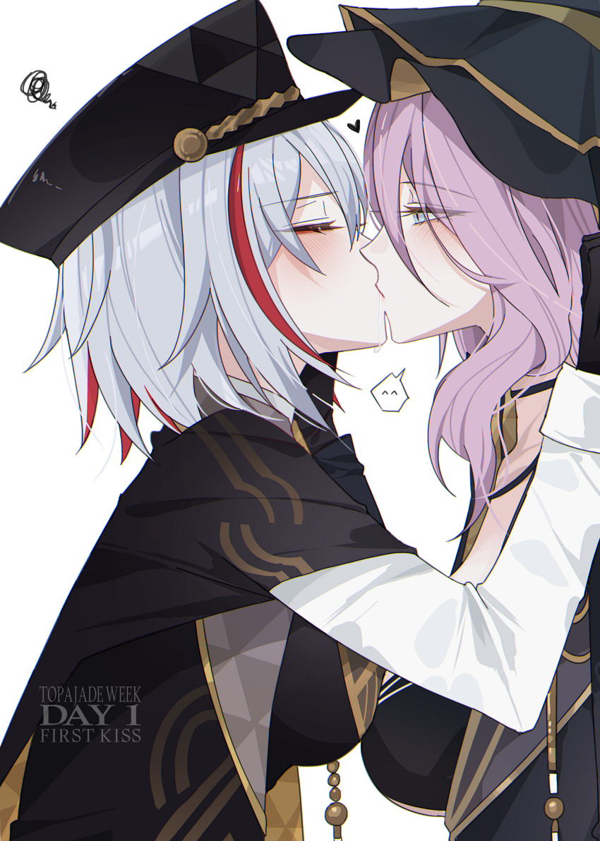 2girls absurdres black_gloves black_hat black_jacket blue_eyes blush breasts closed_eyes commentary facing_another from_side gloves hat heart highres honkai:_star_rail honkai_(series) jacket jade_(honkai:_star_rail) jade_(stoneheart&#039;s_oath_ring)_(honkai:_star_rail) kiss large_breasts long_hair long_sleeves looking_at_another multicolored_hair multiple_girls official_alternate_costume purple_hair red_hair seol_(baconontheclock) shirt short_hair simple_background squiggle streaked_hair topaz_(honkai:_star_rail) topaz_(stoneheart&#039;s_oath_ring)_(honkai:_star_rail) white_background white_hair white_shirt yuri