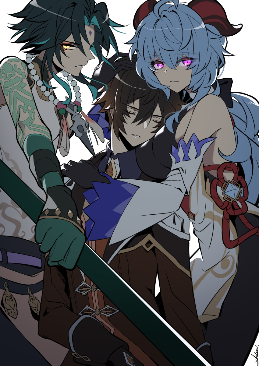 1girl 2boys absurdres ahoge arm_tattoo asymmetrical_gloves bead_necklace beads bell black_gloves black_hair blue_hair breasts brown_hair closed_eyes closed_mouth coat curled_horns detached_sleeves facial_mark forehead_mark ganyu_(genshin_impact) gem genshin_impact gloves glowing glowing_eyes gradient_hair green_hair highres holding holding_polearm holding_weapon horns jewelry large_breasts long_hair looking_at_viewer multicolored_hair multiple_boys neck_bell necklace polearm ponytail protecting purple_eyes serious shisui53 simple_background tattoo very_long_hair vision_(genshin_impact) weapon white_background wide_sleeves xiao_(genshin_impact) zhongli_(genshin_impact)