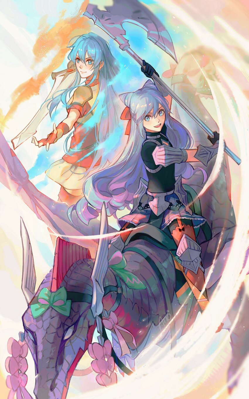 1boy 1girl :d anocurry armor axe black_gloves black_shirt blue_eyes blue_hair bow cone_hair_bun eirika_(emblem)_(fire_emblem) eirika_(fire_emblem) fingerless_gloves fire_emblem fire_emblem:_the_sacred_stones fire_emblem_engage gloves hair_bun highres holding holding_axe holding_sword holding_weapon long_hair nintendo open_mouth red_bow rosado_(fire_emblem) shirt shoulder_armor smile sword trap weapon