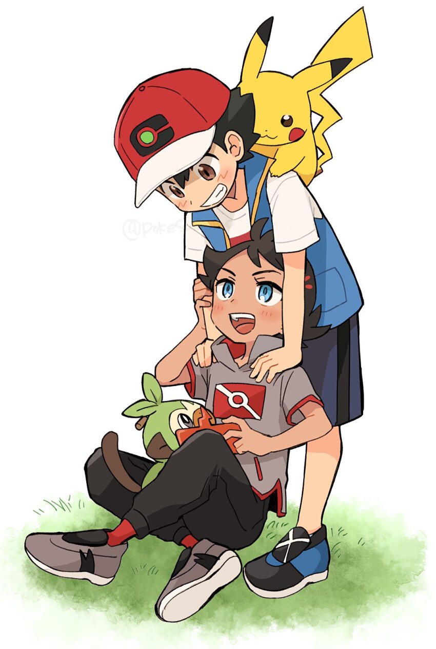 2boys ash_ketchum black_hair black_pants blue_vest blush brown_eyes commentary_request creatures_(company) game_freak gen_1_pokemon gen_4_pokemon gen_8_pokemon goh_(pokemon) grass grey_shoes grin grookey hat highres looking_down male_focus multiple_boys nintendo open_clothes open_vest pants pikachu pokemon pokemon_(anime) pokemon_(creature) pokemon_journeys pokesumomo red_hat red_socks rotom rotom_phone shirt shoes short_hair short_sleeves shorts sitting smile socks standing t-shirt teeth vest white_shirt yaoi