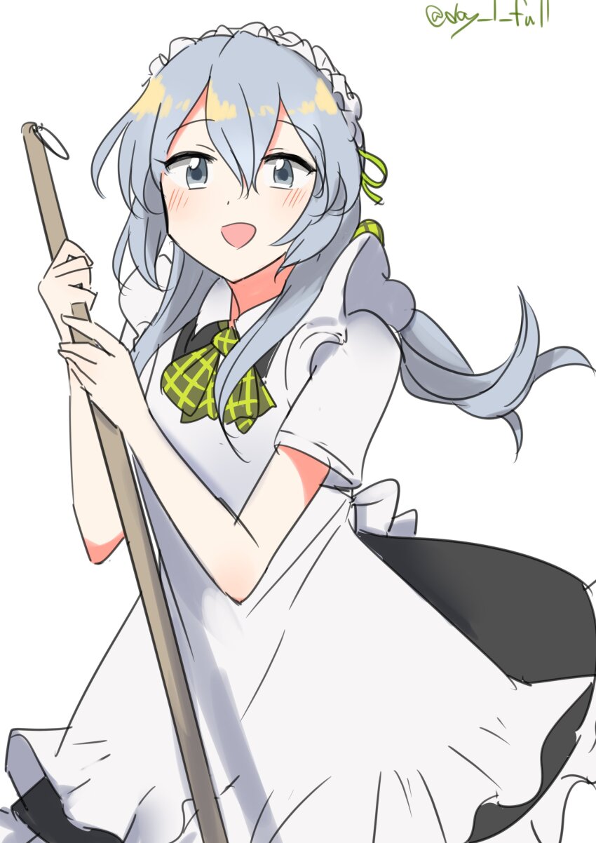 1girl absurdres alternate_costume apron black_dress braid collared_shirt cowboy_shot dress dress_shirt enmaided grey_eyes highres kantai_collection long_hair maid maid_headdress one-hour_drawing_challenge robinson_(day_l_full) shirt simple_background single_braid smile solo twitter_username wavy_hair white_apron white_background white_shirt yamagumo_(kancolle)