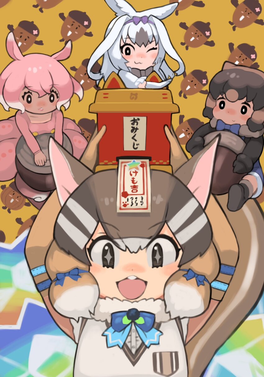 4girls acorn animal_ears belt black_hair bow bowtie brown_eyes brown_hair chipmunk_ears chipmunk_girl chipmunk_tail common_wombat_(kemono_friends) dress elbow_gloves extra_ears gloves highres jacket japanese_pancake_devilfish_(kemono_friends) kemono_friends kemono_friends_3 kemono_friends_v_project long_hair looking_at_viewer microphone multiple_girls pink_hair rabbit_ears rabbit_girl ribbon rinx shirt short_hair siberian_chipmunk_(kemono_friends) sleeveless sleeveless_shirt snowshoe_hare_(kemono_friends) tail vest virtual_youtuber white_hair