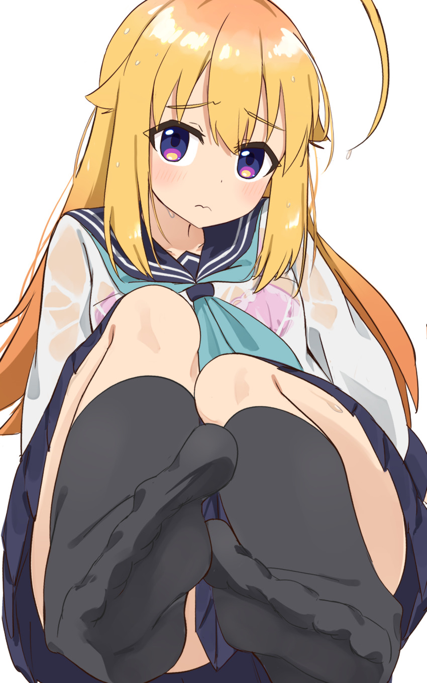 1girl ahoge aqua_neckerchief arms_at_sides black_sailor_collar black_socks blonde_hair blue_skirt bra bra_visible_through_clothes closed_mouth foot_focus furrowed_brow hair_between_eyes hair_flaps highres huge_ahoge kanno_(kan_save) knees_up koshi_torako legs_together light_blush long_hair looking_at_viewer miniskirt multicolored_eyes multicolored_hair neckerchief no_shoes orange_hair pink_bra pleated_skirt purple_eyes sailor_collar school_uniform see-through_clothes see-through_shirt serafuku shikanoko_nokonoko_koshitantan shirt simple_background skirt socks solo toes underwear wet wet_clothes wet_hair wet_shirt white_background
