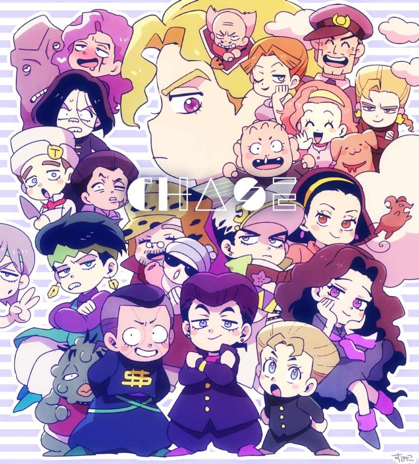 5girls 6+boys arnold_(jojo) atom_heart_father_(stand) baby bandaid bandaid_on_face bandaid_on_nose black_hair blonde_hair blood blue_eyes blush blush_stickers book carrying chef chef_hat chibi choker cleft_chin clenched_teeth closed_eyes cloud crossed_arms diamond_wa_kudakenai dog dollar_sign drooling earrings facial_hair facial_mark frown gakuran glasses grey_hair hairband hand_on_own_face hands_on_own_cheeks hands_on_own_face hat hazamada_toshikazu hazekura_mikitaka headband higashikata_josuke higashikata_ryohei higashikata_tomoko highres hirose_koichi jewelry jojo_no_kimyou_na_bouken joseph_joestar joseph_joestar_(old) katagiri_anjuro kira_yoshihiro kira_yoshikage kishibe_rohan knife kuujou_joutarou lipstick long_coat long_hair makeup mouse_(animal) multicolored_hair multiple_boys multiple_girls mustache nijimura&#039;s_father nijimura_keicho nijimura_okuyasu one_eye_closed open_mouth otoishi_akira oyanagi_ken pink_hair police_hat pompadour purple_eyes purple_hair raised_eyebrow raised_eyebrows red_lips scar school_uniform serafuku shizuka_joestar slit_throat smile snot stand_(jojo) starfish stud_earrings sugimoto_reimi sumiko_(skbsu) sunglasses sweatdrop teeth tonio_trussardi tsuji_aya two-tone_hair v yamagishi_yukako yangu_shigekiyo