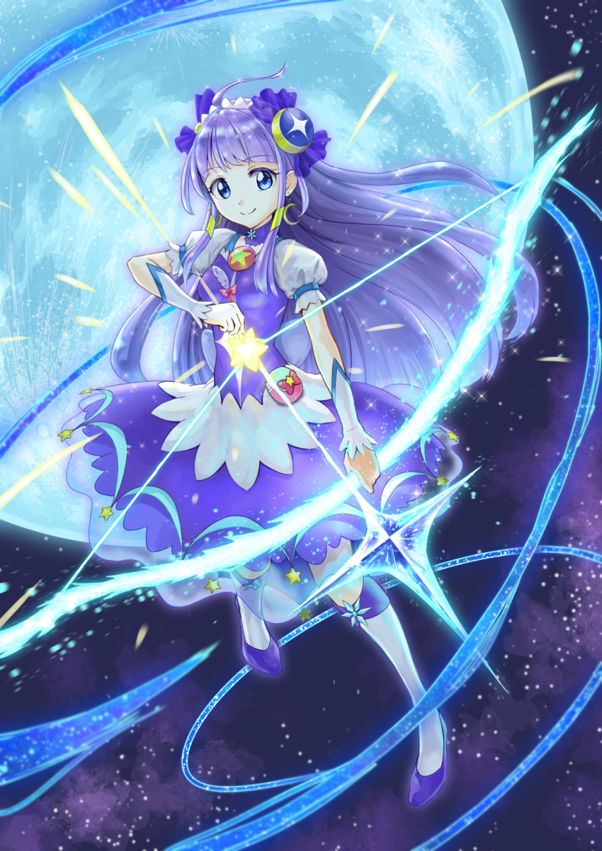 1girl ahoge arrow_(projectile) blue_eyes boots bow_(weapon) brooch closed_mouth commentary crescent crescent_earrings cure_selene drawing_bow dress earrings energy_weapon frilled_hairband frills full_body hair_ornament hairband highres holding holding_arrow holding_bow_(weapon) holding_weapon itou_shin&#039;ichi jewelry kaguya_madoka knee_boots kneeling light_particles light_trail long_hair looking_at_viewer magical_girl medium_dress moon pouch precure puffy_short_sleeves puffy_sleeves purple_dress purple_footwear purple_hair shoes short_sleeves smile socks solo standing star_(sky) star_(symbol) star_brooch star_color_pen star_twinkle_precure weapon white_socks wind
