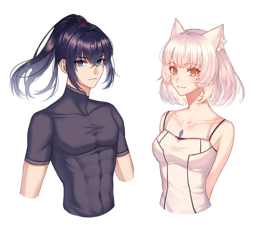 1boy 1girl animal_ear_fluff animal_ears aqing_1229 arms_behind_back black_hair blue_eyes breasts cat_ears cat_girl closed_mouth collarbone commentary_request cropped_arms cropped_torso crossed_bangs eyelashes hair_between_eyes high_ponytail highres korean_commentary looking_at_viewer medium_breasts mio_(xenoblade) noah_(xenoblade) ponytail toned toned_male xenoblade_chronicles_(series) xenoblade_chronicles_3 yellow_eyes