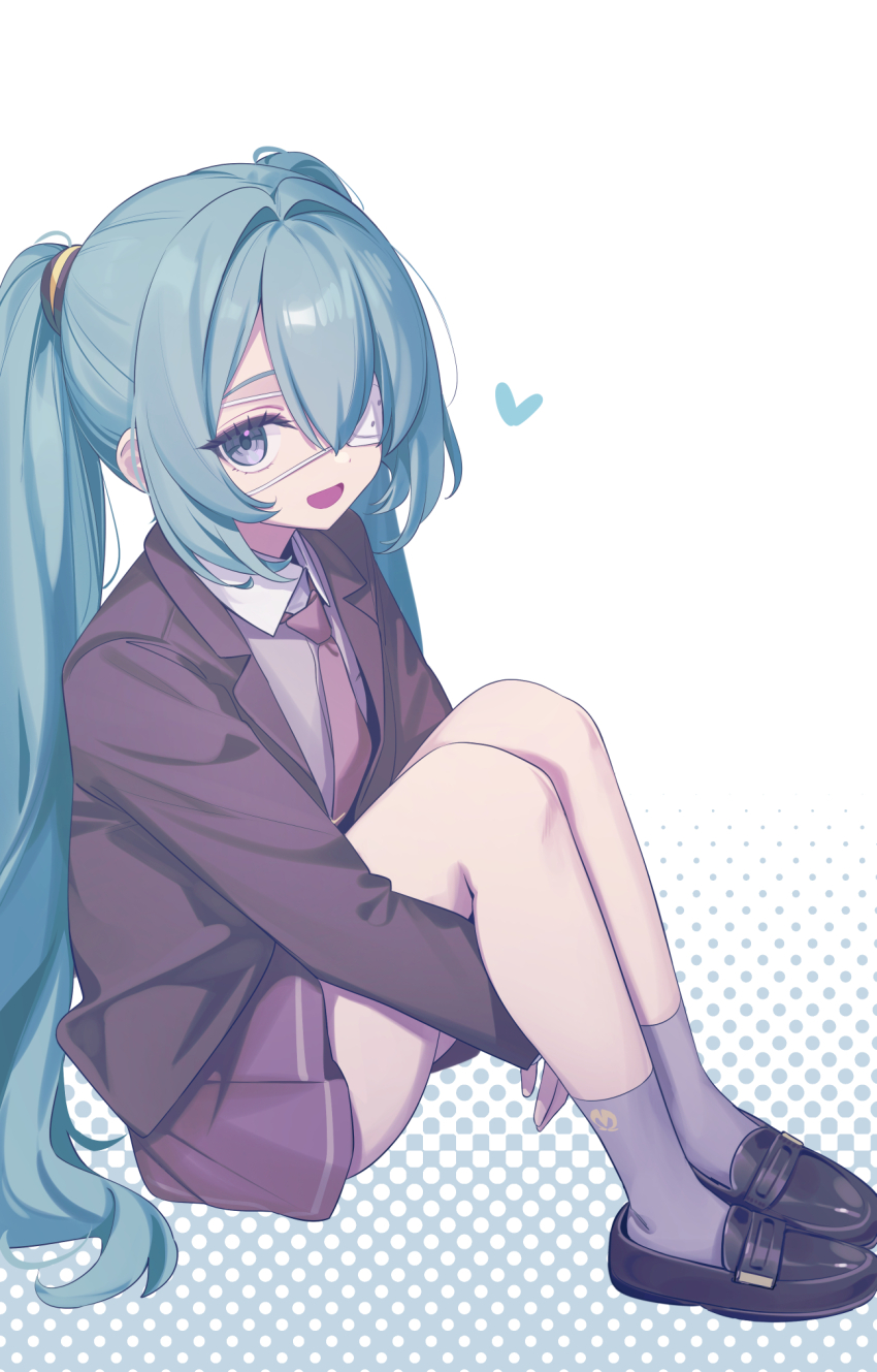 1girl :d black_shoes blazer blue_eyes blue_hair brown_jacket brown_necktie collared_shirt commentary deadnooodles eyepatch full_body grey_socks hair_between_eyes halftone halftone_background hatsune_miku heart highres jacket knees_up loafers long_hair looking_at_viewer medical_eyepatch monitoring_(vocaloid) necktie open_mouth pleated_skirt purple_skirt shirt shoes sitting skirt smile socks solo symbol-only_commentary twintails very_long_hair vocaloid white_shirt