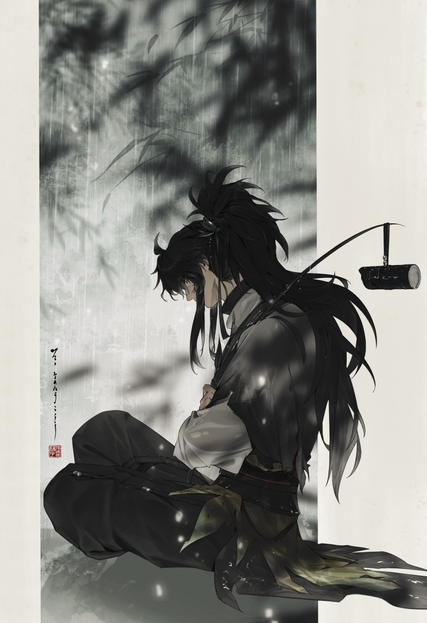 1boy absurdres black_hair black_pants blurry blurry_foreground cheng_(zi74438982) cloak commentary crossed_arms fishing_rod flask from_side highres holding holding_fishing_rod long_hair male_focus pants ponytail qiuyuan_(wuthering_waves) rain sidelocks sitting solo symbol-only_commentary white_cloak wuthering_waves