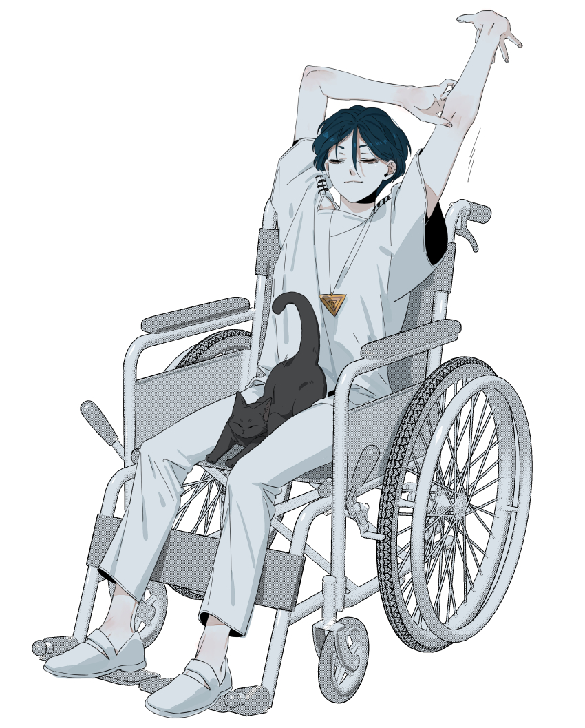 1boy absurdres animal arms_up black_cat cat closed_eyes closed_mouth commentary_request full_body hair_between_eyes hand_on_own_arm highres maelo male_focus meguriya_ayumu outstretched_arm pants shirt shoes short_hair simple_background sitting smile solo stretching toshi_densetsu_kaitai_center triangle_necklace wheelchair white_background white_pants white_shirt white_shoes
