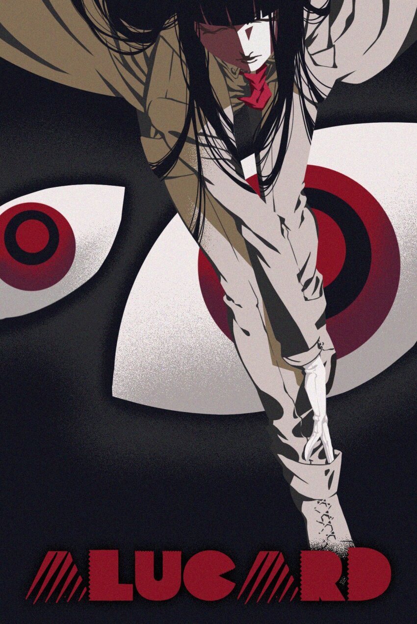 1girl alucard_(hellsing) black_hair blunt_bangs character_name closed_eyes coat expressionless fish_zeppelin formal_clothes girlycard gloves hellsing highres long_hair looking_at_viewer solo suit white_suit