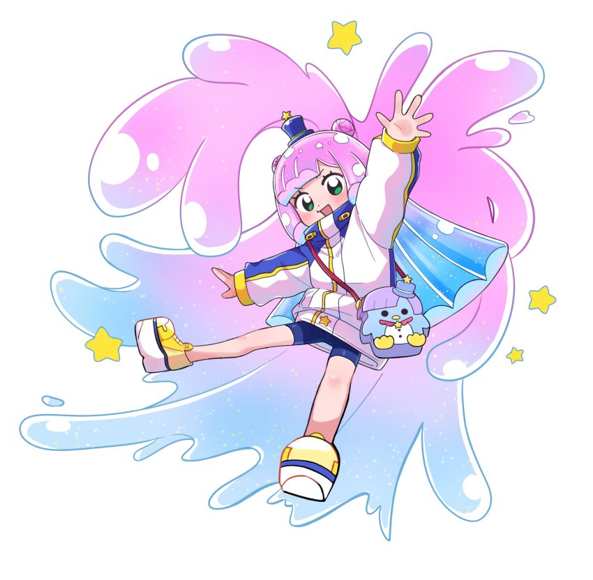 1girl bag blue_hair blue_hat blue_shorts blush double_bun full_body green_eyes hair_bun hashtag-only_commentary hat highres jacket long_hair long_sleeves mini_hat mini_top_hat monster_girl multicolored_hair onigiri_umasio open_mouth pink_hair puniru_(puniru_wa_kawaii_slime) puniru_wa_kawaii_slime shoes shorts slime_(substance) slime_girl solo star_(symbol) top_hat white_background
