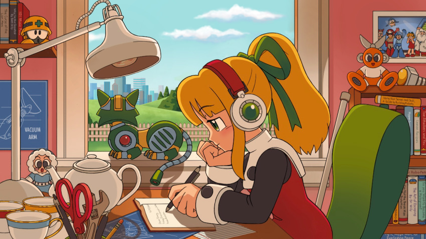 1girl android animal armor beard beat_(mega_man) blonde_hair blue_eyes blue_gloves blue_helmet blue_sky blueprint_(object) blush bodysuit book bookshelf boots bow brown_pants brown_shoes clenched_teeth cup cut_man desk desk_lamp dr._light_(mega_man) dr._wily_(mega_man) dress everyone facial_hair full_body gloves green_bow green_eyes green_ribbon hair_bow hair_ribbon head_rest headset helmet high_ponytail ice_man lab_coat lamp lofi_girl_(youtube) long_beard long_hair long_sleeves mega_man_(character) mega_man_(classic) mega_man_(series) mega_man_v met_(mega_man) non-humanoid_robot old old_man pants parka ponytail proto_man red_dress red_gloves red_helmet ribbon robot robot_animal robot_bird robot_dog robot_girl roll_(mega_man) rush_(mega_man) salute scissors shoes sky smile solo sprinqgueen studying stuffed_toy tango_(mega_man) teacup teapot teeth writing