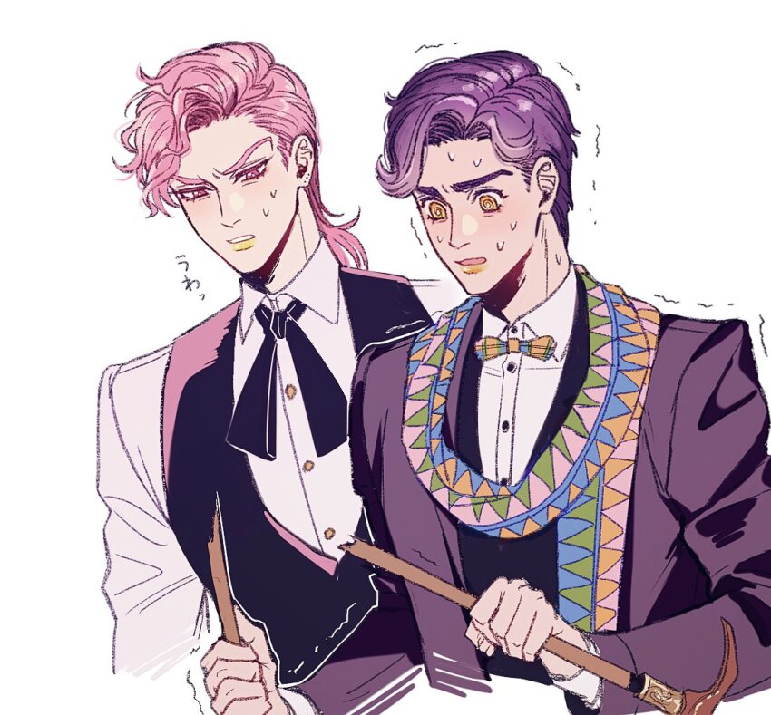 2boys alternate_color alternate_hair_color bow bowtie broken cane dio_brando ear_birthmark hako_iix07 holding holding_cane jacket jojo_no_kimyou_na_bouken jonathan_joestar long_sleeves looking_at_object male_focus multiple_boys official_alternate_costume parted_lips phantom_blood pink_eyes pink_hair purple_hair shirt short_hair sweat triangle_print vest white_shirt yellow_lips
