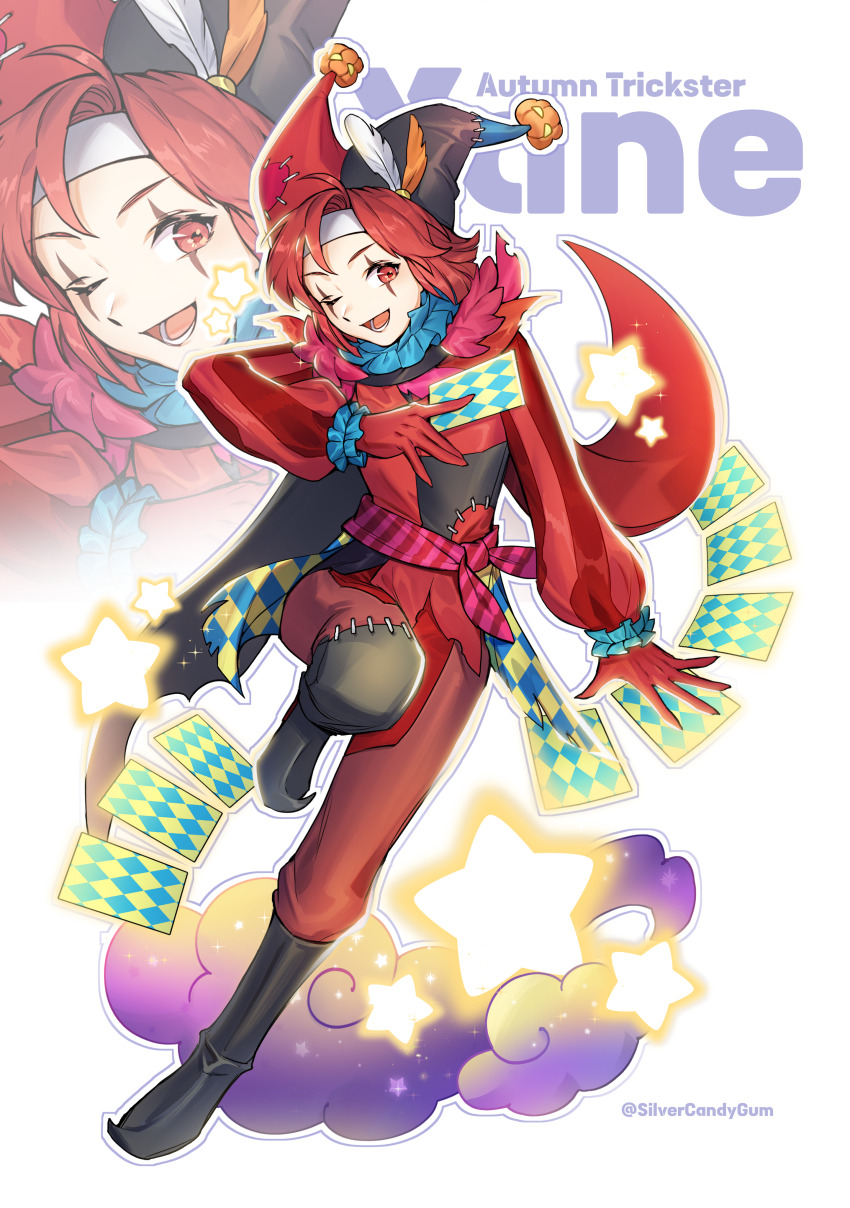 1boy :d absurdres arm_up belt black_boots black_cape boots cape card character_name cloud commission curtained_hair fire_emblem fire_emblem:_mystery_of_the_emblem fire_emblem_heroes floating_card frilled_sleeves frills full_body gloves hair_between_eyes hand_up hat hat_feather head_tilt headband highres holding holding_card jack-o&#039;-lantern_hat_ornament jester_cap knee_boots leg_up long_sleeves looking_at_viewer lower_teeth_only male_focus mark_under_eye medium_hair multicolored_hat neck_ruff nintendo one_eye_closed open_mouth outline outstretched_arm pants parted_bangs patchwork_clothes pink_belt pixiv_commission playing_card pointy_footwear puffy_long_sleeves puffy_sleeves purple_outline red_belt red_eyes red_gloves red_hair red_pants red_shirt scarf_belt shirt silvercandy_gum smile solo sparkle star_(symbol) striped_belt striped_sleeves teeth v-shaped_eyebrows white_background white_headband white_outline xane_(fire_emblem) xane_(halloween)_(fire_emblem) yellow_outline zoom_layer