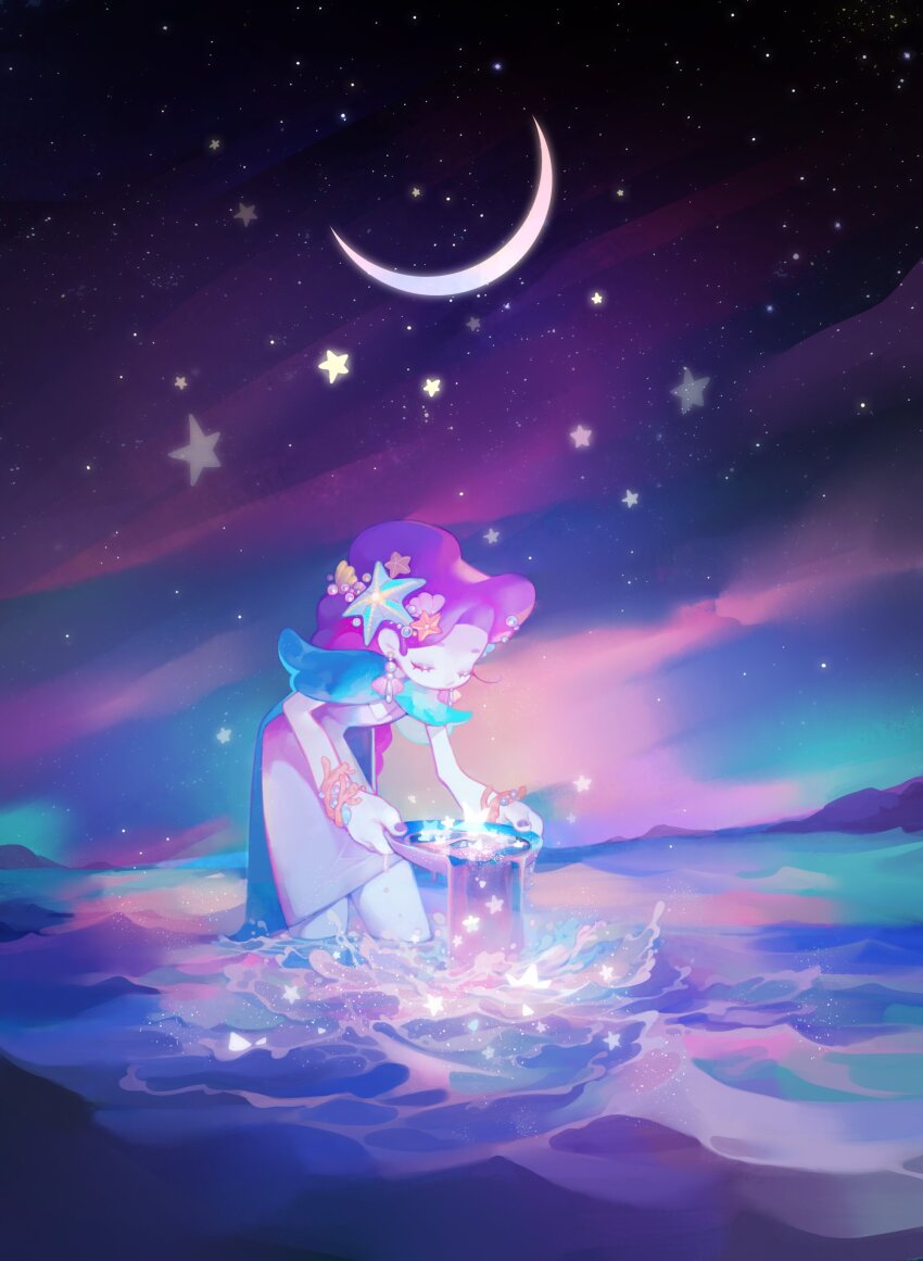 1girl absurdres black_hat blue_cape bracelet cape closed_eyes crescent_moon dress earrings expressionless eyelashes full_body hat highres holding holding_unworn_clothes holding_unworn_hat jewelry long_dress long_hair moon nail_polish night night_sky ocean original outdoors pink_dress pink_hair pink_nails shell shell_earrings shell_hair_ornament sky solo star_(sky) starfish_hair_ornament starry_sky top_hat unworn_hat unworn_headwear very_long_hair wading wedjigamja