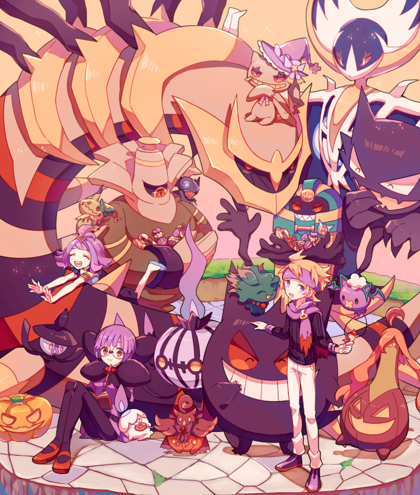 acerola_(pokemon) banette black_pantyhose blonde_hair candy cofagrigus cosplay dress drifloon dusknoir food gen_1_pokemon gen_2_pokemon gen_3_pokemon gen_4_pokemon gen_5_pokemon gen_6_pokemon gen_7_pokemon gengar giratina glasses gourgeist grin hat headband highres jack-o&#039;-lantern lampent laughing legendary_pokemon litwick long_sleeves lunala mary_janes mimikaki misdreavus morty_(pokemon) nagatsukiariake nintendo pants pantyhose pokemon pokemon_(creature) pokemon_bw pokemon_hgss pokemon_sm pumpkaboo purple_dress purple_eyes purple_hair purple_headband purple_scarf red_footwear round_eyewear sableye scarf shauntal_(pokemon) shoes short_hair sitting smile white_pants witch_hat wrapped_candy zubat zubat_(cosplay)