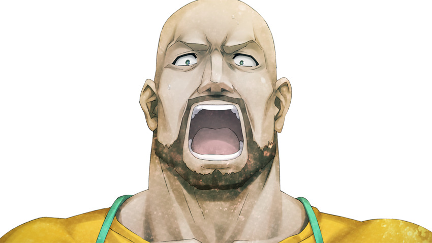 apron beard constricted_pupils facial_hair from_below game_cg green_apron green_eyes highres huke looking_at_viewer muscular muscular_male nervous_sweating non-web_source official_art open_mouth ringed_eyes shirt shouting square_pupils standing steins;gate steins;gate:_linear_bounded_phenogram surprised sweat teeth tennouji_yuugo tongue transparent_background yellow_shirt